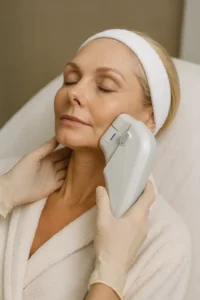 Woman receiving HIFU non surgical facelift treatment West Mersea
