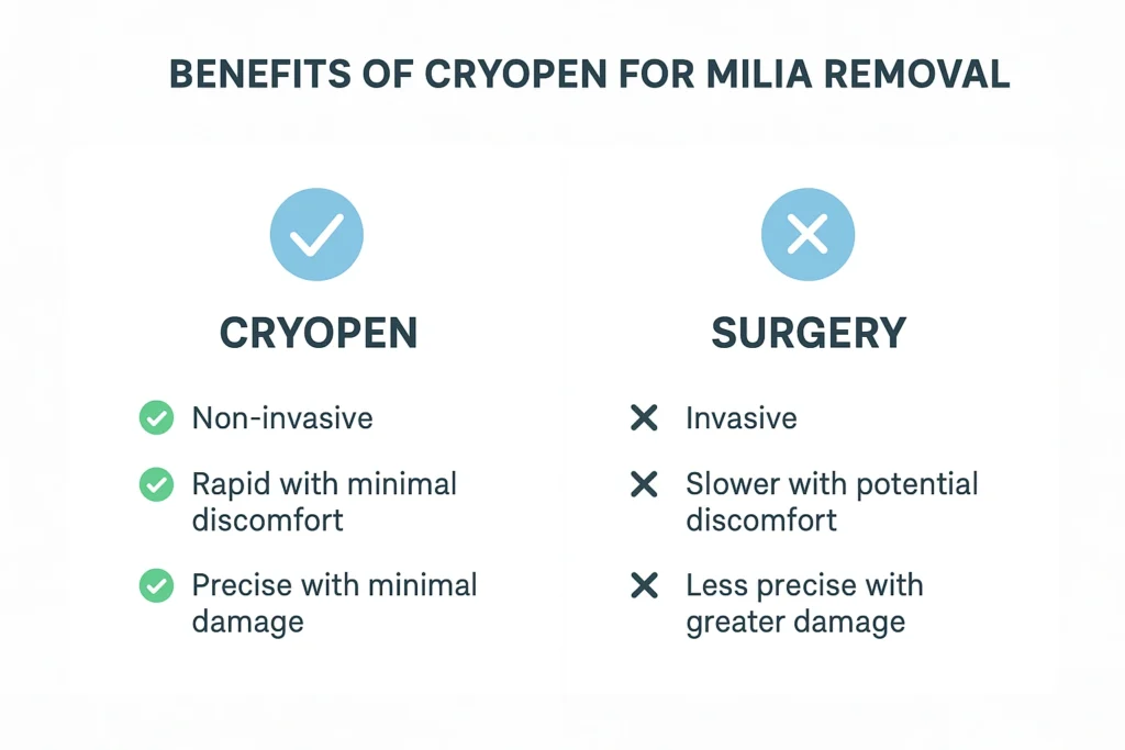 Benefits of cryopen for milia removal West Mersea compared to surgical treatments.