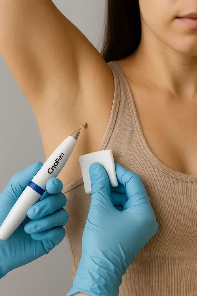 woman having cryopen to remove underarm skin tags West Mersea