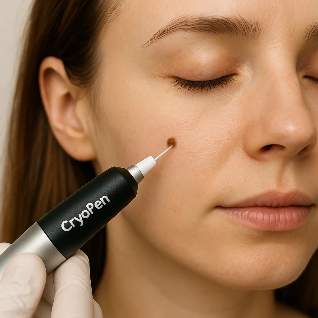 woman receiving facial mole removal West Mersea using cryopen