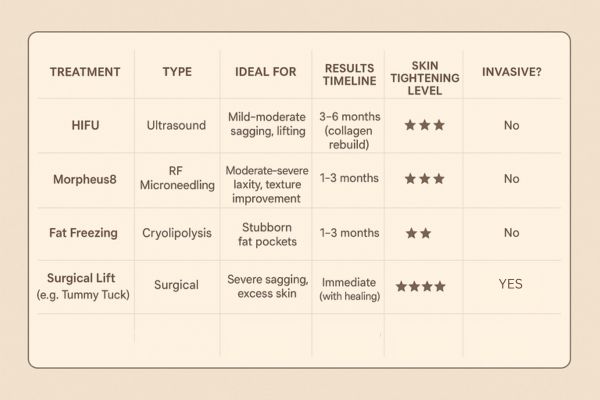 Table showing the comparisons of Skin tightening West Mersea treatment options.